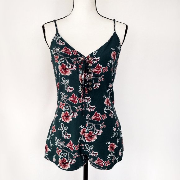 Forever 21 Green Lace-Up Floral Cami Open Back Romper Size S - Picture 3 of 14